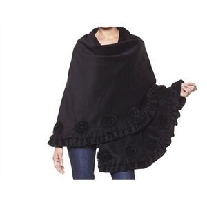 NEW Adrienne Landau Black Cape Shawl Ruffle Rose Trim Formal Evening Elegant